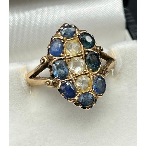 1208 - Antique 14ct yellow gold ring set with blue and pale blue Topaz stones. [Ring size R] [5.14Grams] [T... 