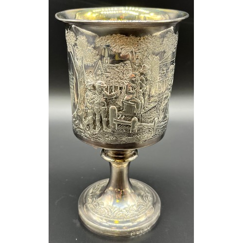 1202 - Victorian London Silver highly detailed raised relief figure goblet trophy. Military Challenge Cup. ... 