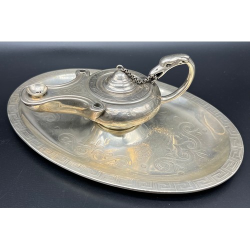 1150A - Victorian Edinburgh silver Greek design Inkwell pot, oil lamp combination- sat on an oval silver tra... 