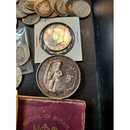 763A - Selection of mixed world coins and banknotes; 1951 crown, Silver Dunbartonshire Agricultural society... 