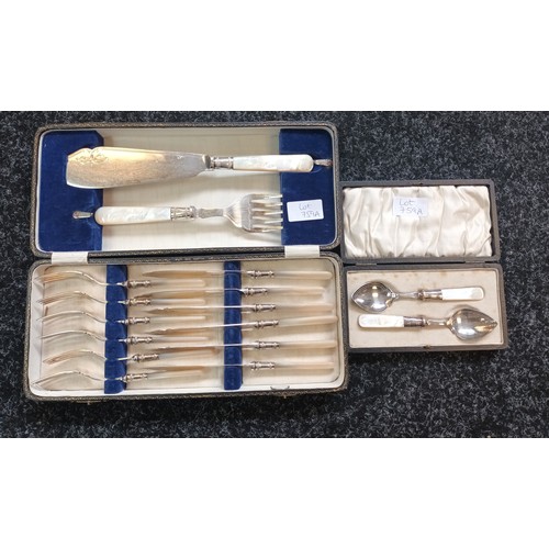 759A - Cased Mother of pearl and E.P Fish knives and forks with server set. Together with boxed mother of p... 