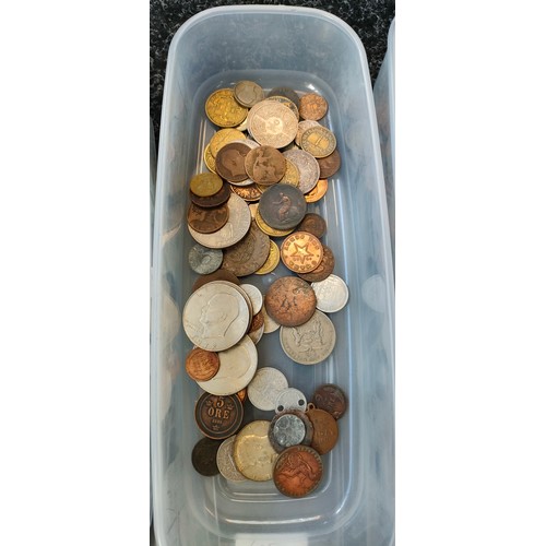 769A - Three tubs of mixed world coins; British, Netherlands, Malta, Switzerland, Canada, Portugal, Spain, ... 