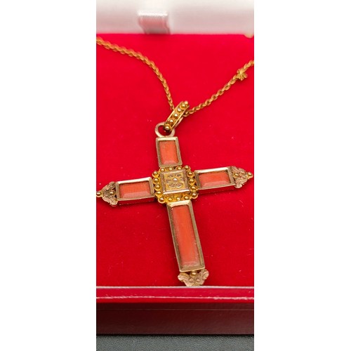 1212A - Antique 14ct yellow gold and pink coral cross pendant together with a 9ct yellow gold necklace. [Tot... 