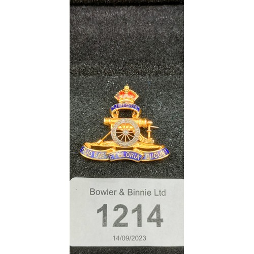 1214 - Antique 14ct and enamel royal artillery brooch set with diamonds dated 1916. [4.32grams] [Tested pos... 