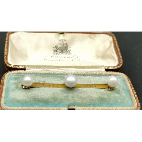 1212 - Antique 14ct yellow gold bar brooch set with three pearls. Engraved with dated 1912 & 1913- comes wi... 