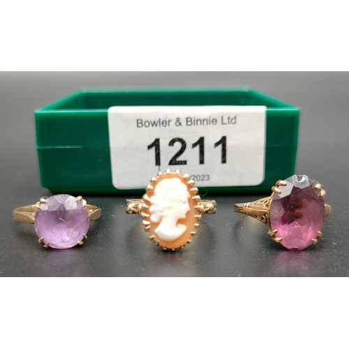 1211 - 9ct yellow gold and carved cameo ring, 9ct yellow gold and round cut amethyst and 9ct yellow gold la... 