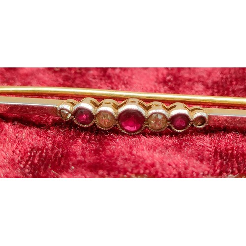 1210A - Antique 18ct yellow gold and Platinum bar brooch set with diamonds and rubies. [2.68grams]