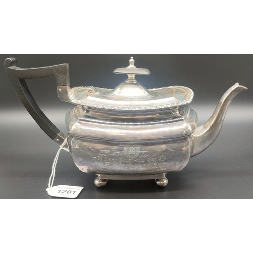 1201 - Sheffield silver tea pot, produced by Walker & Hall. Engraved to the front panel- 'To David Bonthron... 