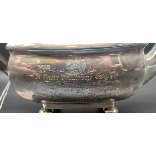 1201 - Sheffield silver tea pot, produced by Walker & Hall. Engraved to the front panel- 'To David Bonthron... 