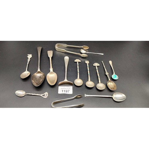 1197 - Collection of mixed silver spoons; and sugar tongs and three plated Egyptian spoons [171grams]