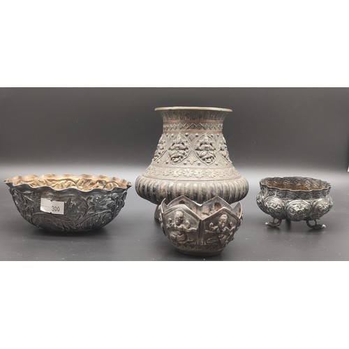 1206 - Three Anglo Indian silver raised relief bowls together with one large bronze, copper and silver work... 