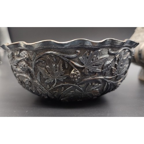 1206 - Three Anglo Indian silver raised relief bowls together with one large bronze, copper and silver work... 