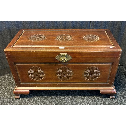 1675 - Chinese Camphor Wood chest, Carved sections and comes with brass locks.