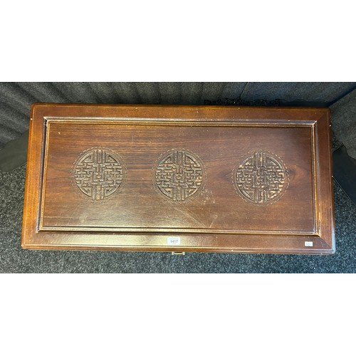 1675 - Chinese Camphor Wood chest, Carved sections and comes with brass locks.