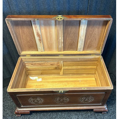 1675 - Chinese Camphor Wood chest, Carved sections and comes with brass locks.