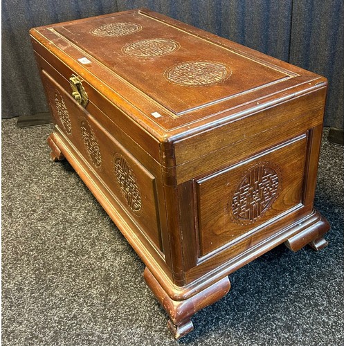 1675 - Chinese Camphor Wood chest, Carved sections and comes with brass locks.