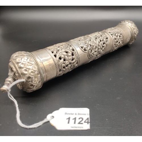 1124 - Vintage 925 ornate Indian Pierced silver scroll holder. [25cm in length] [264.37grams]