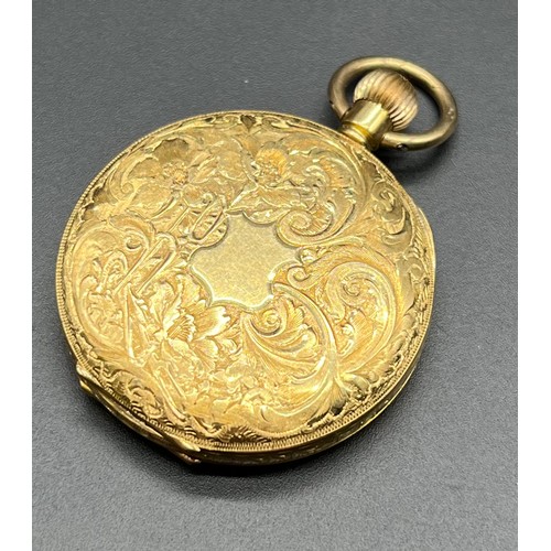 1104 - Antique 18ct yellow gold fob pocket watch. [In a working condition] [Inner plate damaged] [33.73gram... 