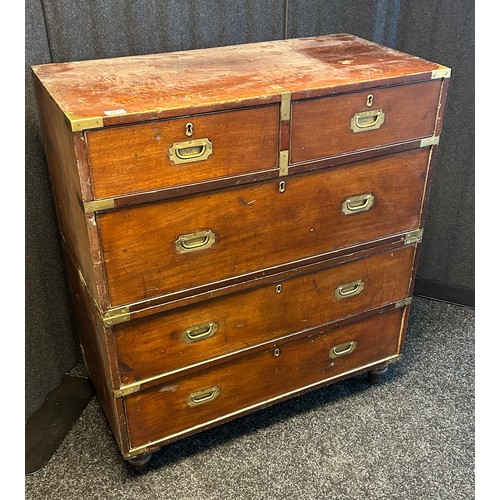 1677 - 19th century campaign chest, in two sections with two short over three long drawers, with brass moun... 