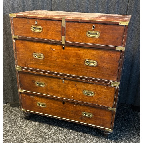 1677 - 19th century campaign chest, in two sections with two short over three long drawers, with brass moun... 