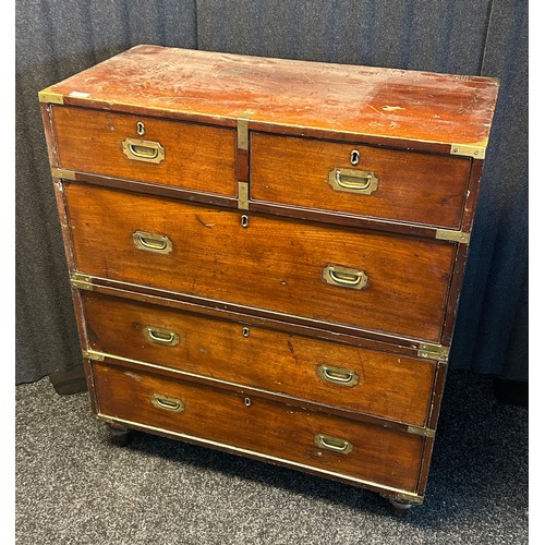 1677 - 19th century campaign chest, in two sections with two short over three long drawers, with brass moun... 