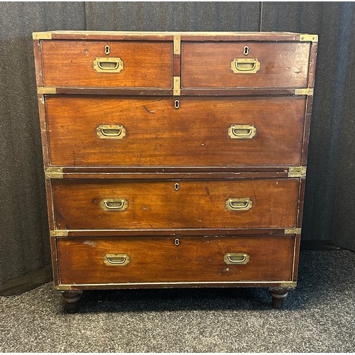 1677 - 19th century campaign chest, in two sections with two short over three long drawers, with brass moun... 