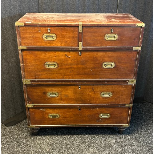 1677 - 19th century campaign chest, in two sections with two short over three long drawers, with brass moun... 