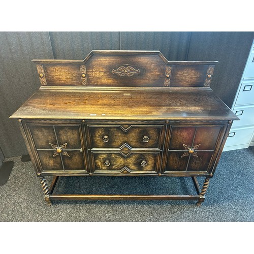 1346 - Early 20th century oak Sideboard with raised relief trims, rectangular top above two drawers and fla... 