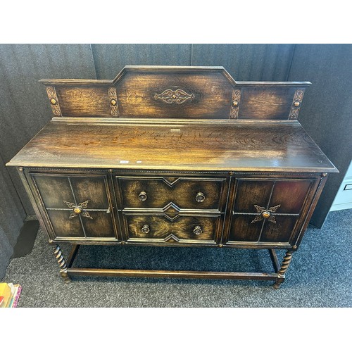 1346 - Early 20th century oak Sideboard with raised relief trims, rectangular top above two drawers and fla... 