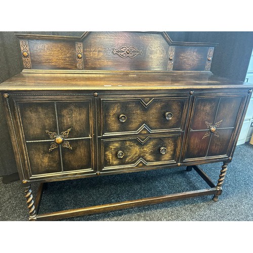 1346 - Early 20th century oak Sideboard with raised relief trims, rectangular top above two drawers and fla... 