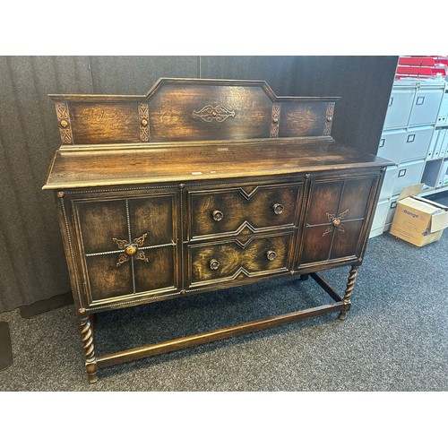 1346 - Early 20th century oak Sideboard with raised relief trims, rectangular top above two drawers and fla... 