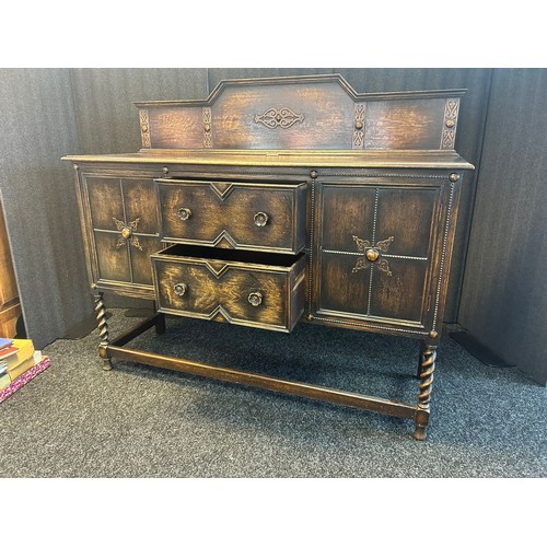 1346 - Early 20th century oak Sideboard with raised relief trims, rectangular top above two drawers and fla... 