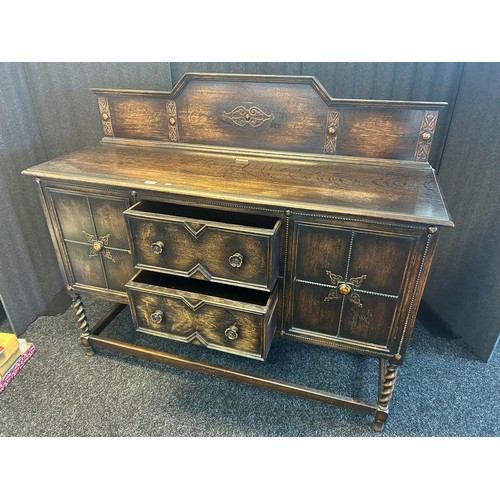 1346 - Early 20th century oak Sideboard with raised relief trims, rectangular top above two drawers and fla... 