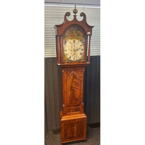 1324 - 19th century walnut cased grandfather clock, the face with hand painted scene depicting Scotland, En... 