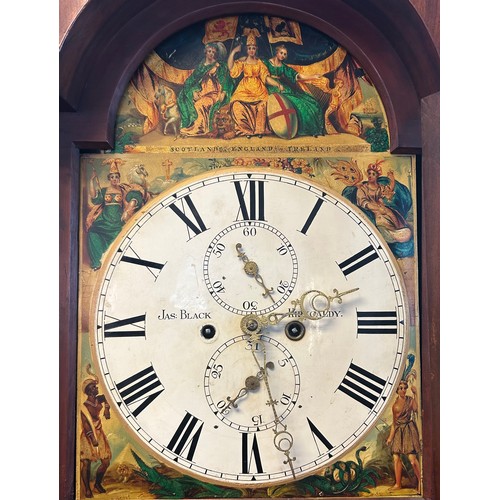 1324 - 19th century walnut cased grandfather clock, the face with hand painted scene depicting Scotland, En... 