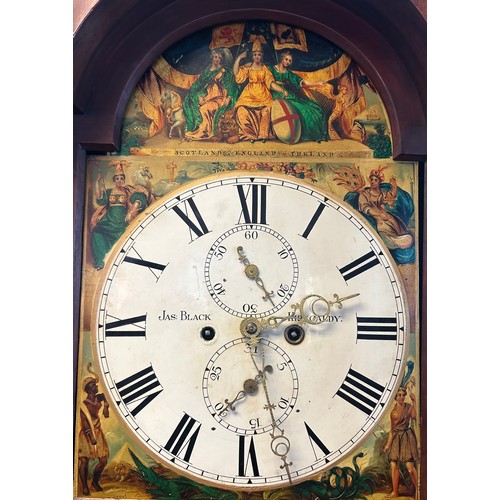 1324 - 19th century walnut cased grandfather clock, the face with hand painted scene depicting Scotland, En... 