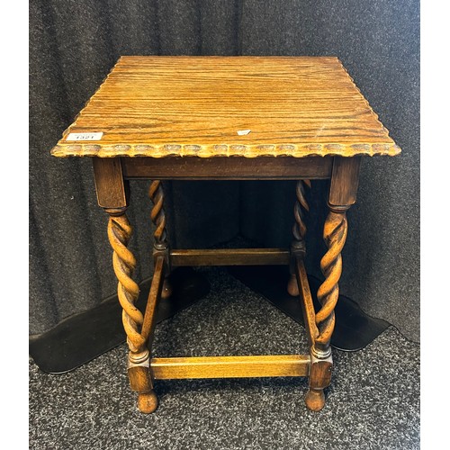 1321 - Antique oak side table, the square top with crust edging raised on barley twist legs ending in block... 