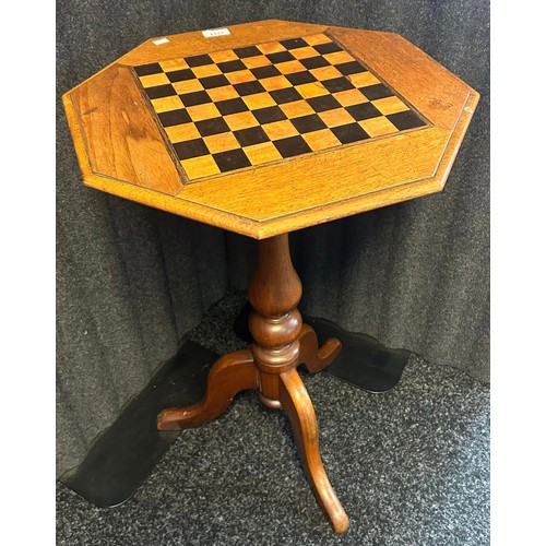 1327 - Antique century games table, the octagonal surface with marquetry chess board, supported by a turned... 