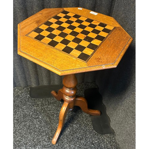 1327 - Antique century games table, the octagonal surface with marquetry chess board, supported by a turned... 