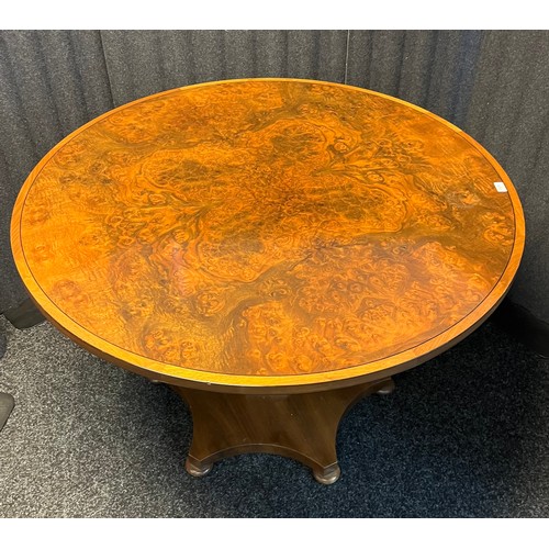 1683 - 20th century burr walnut and mahogany table, the circular top above a hexagonal column and raised on... 