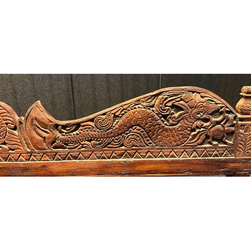 1679 - 20th century Asian inspired Rustic stained wood large mantel mirror, carved in a dragon and phoenix ... 