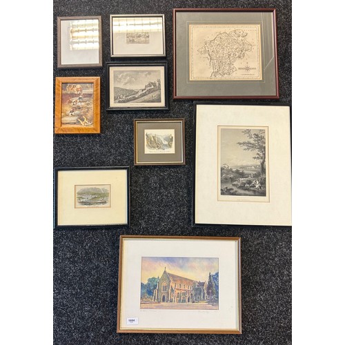 1684 - A selection of framed art work to include etchings, West Moreland Map, Limited edition print etc