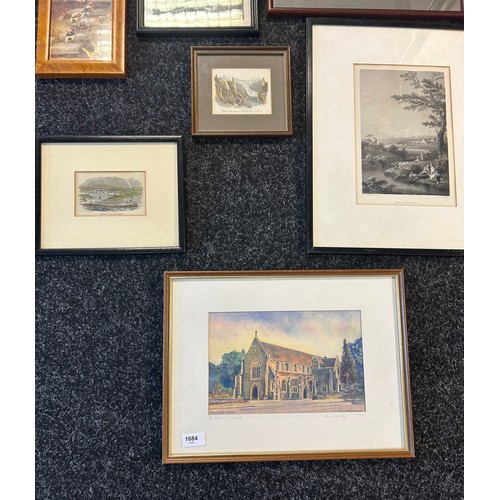 1684 - A selection of framed art work to include etchings, West Moreland Map, Limited edition print etc