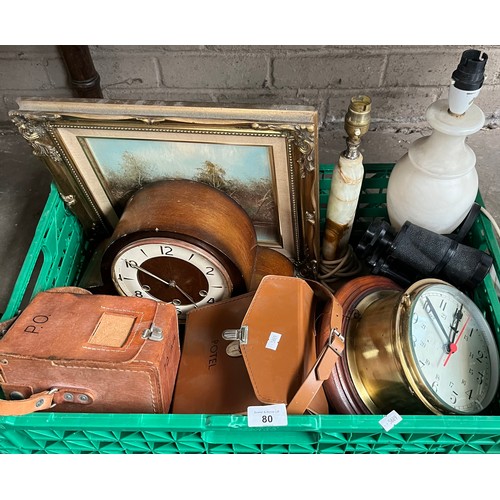 80 - Box of collectables; Barrel wall clocks, onyx table lamps, Mantel clock and various meter gauges