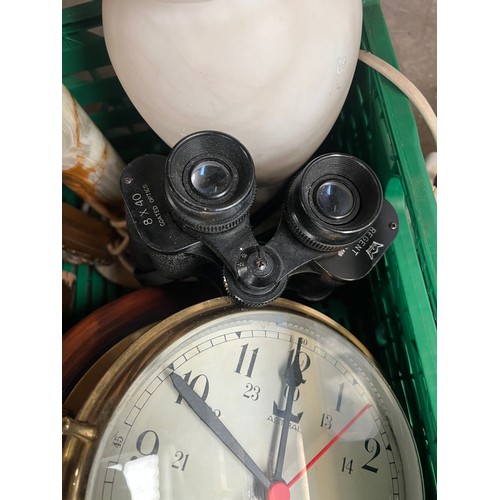 80 - Box of collectables; Barrel wall clocks, onyx table lamps, Mantel clock and various meter gauges