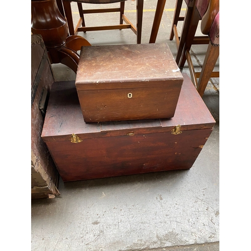 879A - A vintage dome Saratoga trunk along with 2 vintage boxes includes shoe polish style box