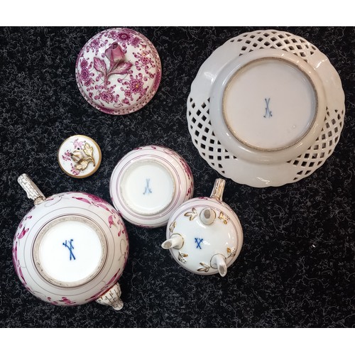 1234 - 19th century Meissen porcelain pink and gilt floral design tea pot, sugar and cream and saucer.