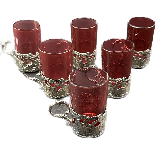 103A - A Set of Six London silver and cranberry glass drinking glasses.