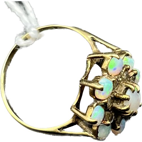 122 - 9ct yellow gold Opal and diamond cluster ring. [Ring size J 1/2] [2.41Grams]