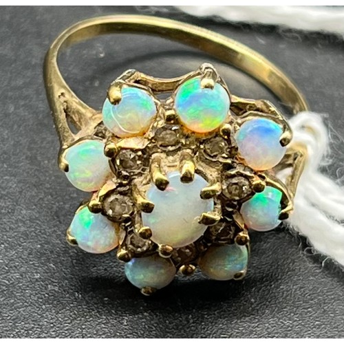 122 - 9ct yellow gold Opal and diamond cluster ring. [Ring size J 1/2] [2.41Grams]